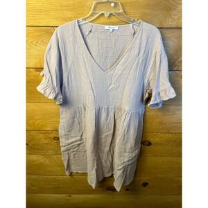 Madewell Gauze Mini Dress Womens Large L‎ Pink V Neck Ruffle Short Sleeve Pocket
